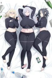 3girls absurdres ak-12_(girls'_frontline) alcohol angelia_(girls'_frontline) bed_sheet beer_can black_pants blonde_hair blue_eyes bottle breasts can closed_eyes closed_mouth commentary dakimakura_(medium) drink_can english_commentary female female_only flask from_above full_body girls'_frontline grey_eyes grey_hair highres large_breasts long_hair long_sleeves looking_at_viewer lying medium_breasts multiple_girls navel on_back on_side pants shaw_(girls'_frontline) toes vodka
