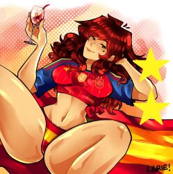 1girl 1girls blush countryhumans_oc female female_only fifa long_hair looking_at_viewer panties pubic_hair red_hair smile smiling smiling_at_viewer soccer_uniform spain spain_(countryhumans) spanish_flag spread_legs world_cup