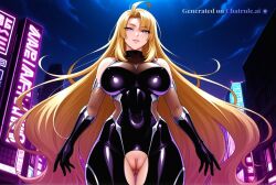 1girl ahoge ai_assisted ai_generated armor bare_shoulders black_bodysuit blonde_hair city cityscape clouds cowboy_shot crotchless curvy dark_theme detailed_pussy elbow_gloves fishnets gloves high_contrast kagami_hirotaka koukawa_oboro looking_at_viewer messy_hair neon_lights night night_sky no_pupils outdoors soft_shading taimanin_asagi_zero taimanin_suit thigh_gap upturned_eyes very_long_hair visible_pussy