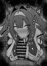 1boy 1girls :>= bare_shoulders big_penis black_and_white blush breasts censored dark-skinned_male dark_skin detailed_background drooling eyelashes fellatio female female_focus heart heart-shaped_pupils human indoor inside interracial kurotama long_hair looking_at_viewer male male_pov oral oral_sex penis room saliva shiny shiny_skin sketch sound_effects squatting sweat text tied_hair tongue tongue_out vein veins veiny veiny_penis ye_shunguang zenless_zone_zero