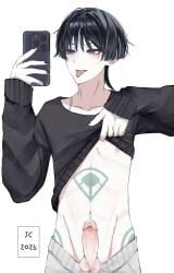 abs balls cock cum dripping_cum genshin_impact mirror_selfie nipples penis phone precum_drip scaramouche_(genshin_impact) shorts_down solo solo_male sweater_lift tattoo wanderer_(genshin_impact)