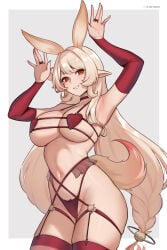 1girls alice_(genshin_impact) alternate_costume alternate_version_available arms_up armwear artist_name big_breasts blonde_hair breasts brown_eyes cleavage fake_animal_ears fake_animal_tail female female_only fox_ears fox_tail garter_straps genshin_impact gloves hair handwear headwear hioyami hips leggings legwear lips long_hair mature mature_female mature_woman milf mother neckwear o-ring o-ring_thigh_strap panties pointy_ears red_garter_straps red_gloves red_panties red_thighhighs revealing_clothes solo solo_female tail thighhighs thighs