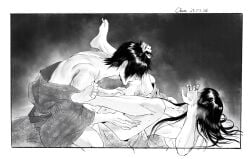 2boys anal anal_sex blush breath feet feet_up gay gintama hair_grab head_grab implied_anal katsura_kotarou kimono leg_grab long-haired_male long_hair male male_only missionary_position monochrome on_back sweat takasugi_shinsuke yaoi