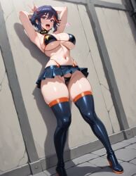 ai_generated arms_above_head arms_up bikini_top cleavage dark_hair elbow_sleeve half-closed_eyes hand_on_hip heel_boots hourglass_body hourglass_figure hourglass_figured_female inviting inviting_to_sex kill_la_kill large_breasts matoi_ryuuko mouth_open panties posing posing_for_the_viewer seductive seductive_look seductive_pose seductive_smile short_hair skirt smile standing standing_position stone_wall submissive_female tagme thick_thighs thighhighs thin_waist thong tongue tongue_out