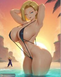 1girls ai_generated android_18 big_ass big_breasts bikini blonde_female bob_cut dragon_ball floresai huge_ass huge_breasts looking_at_viewer micro_bikini narrow_waist patreon patreon_url patreon_username sideboob slingshot_bikini slingshot_swimsuit teasing thick_thighs wide_hips