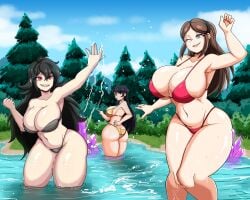 3girls ass_expansion bikini black_bikini black_hair body_growth_(enlargement) breast_expansion brown_hair commission darboo giantess giantess_growth gold_bikini huge_ass huge_breasts klonia lake nata_(katattack) navel oc red_bikini trees water