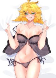 1girls ahoge black_panties blonde_hair dokibird green_eyes head_wings iam_cryo indie_virtual_youtuber laying_on_back laying_on_bed lingerie looking_at_viewer nipples_visible_through_clothing see-through see-through_clothing smirking smirking_at_viewer virtual_youtuber vtuber