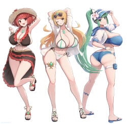 3girls :d absurdres adjusting_clothes adjusting_headwear alternate_costume arm_up armlet armpits arms_up ass belly bikini black_bikini blonde_hair blush bob_cut bracelet breasts butt_crack chest_jewel cleavage commentary_request core_crystal_(xenoblade) curvy earrings eyewear_on_head feet flip-flops floating_earrings flower frilled_bikini frills full_body gonzarez green_eyes green_hair hair_flower hair_ornament happy hat highres jacket jewelry kneepits large_breasts legs long_hair long_legs looking_at_viewer medium_hair multiple_girls mythra_(xenoblade) nail_polish navel o-ring o-ring_bikini o-ring_top one_eye_closed open_clothes open_mouth open_shirt pneuma_(xenoblade) ponytail pouch pyra_(xenoblade) red_eyes red_hair ribbon sandals shirt short_shorts shorts side-tie_bikini_bottom side_ponytail sideboob simple_background skindentation smile standing standing_on_one_leg stomach straw_hat sunglasses swept_bangs swimsuit thigh_gap thigh_pouch thigh_strap thighs tiara toenail_polish toenails toes underboob very_long_hair visor_cap water white_background white_bikini white_jacket white_shirt wide_hips wristband xenoblade_chronicles_(series) xenoblade_chronicles_2 yellow_eyes