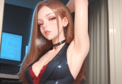 absurd_res ai_generated arm_behind_head arm_up armpits artist_name artist_upload black_choker blue_eyes bra breasts brown_hair choker cleavage crossdressing earrings femboy femboy_focus feminine_male gay hair_ornament hairclip heart heart_hair_ornament hi_res indoors jewelry lips long_hair looking_at_viewer medium_breasts monitor more_at_source pandora parted_lips patreon patreon_username presenting_armpit red_bra self_upload solo sweat transgender uncensored underwear upper_body vest watermark