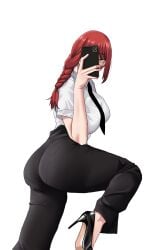 1girls ass bellone big_ass black_pants bottomwear braid breasts chainsaw_man female female_only footwear hair heels high_heels holding_object holding_phone legs makima_(chainsaw_man) necktie neckwear pants pantylines phone red_hair selfie shirt solo solo_female thighs topwear white_background white_shirt yellow_eyes