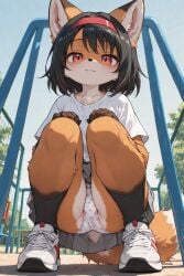 1girl ai_generated anthro below_view black_hair clothed female fox furry furry_female headband jungle_gym miragetheone panties playground printed_panties red_fox shoes short_hair socks solo squatting upskirt young