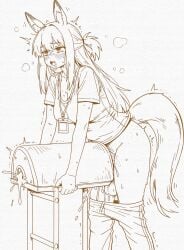 1girl absurdres animal_ear_fluff animal_ears blush breasts breeding_mount caffichai cleavage clothes_pull commentary cum drooling english_commentary feet_out_of_frame futanari futanari_masturbation highres id_card lanyard long_hair masturbation medium_breasts open_mouth original pants pants_pull penis penis_peek saliva shirt simple_background solo spot_color standing t-shirt tail testicles trembling white_background yellow_eyes