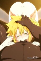 1girl ai_assisted ai_generated anime_screencap blonde_hair blowjob butt_crack curvy deepthroat facial_mark fairy_wings fat_man hairy_man head_grab head_tilt large_penis long_hair looking_at_viewer mole_on_arm naked naughty_face nude pointy_ears pov sexy steam sweat yellow_eyes