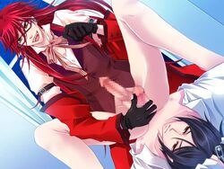 2boys black_butler blush bondage bottomless censored cuffed cuffs glasses gloves grell_sutcliff handjob kuroshitsuji long_hair male penis red_eyes red_hair ribbon sebastian_michaelis spread_legs