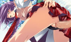 blush braid censored from_behind g_yuusuke gyuusuke long_hair mariyatsu_harumi necktie no_panties penis purple_hair school_uniform sex skirt_lift tapestry_-you_will_meet_yourself- tongue vaginal_penetration yellow_eyes