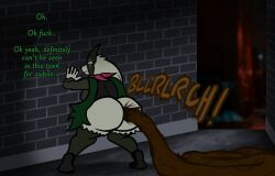 2024 absurd_res alley anthro big_butt bottomless butt clothed clothing dialogue digital_drawing_(artwork) digital_media_(artwork) english_text excessive_feces feces feces_pile female footwear fur generation_9_pokemon green_body green_fur hand_on_wall hi_res huge_butt hyper hyper_feces hyper_feces_pile mask meowscarada nintendo pokemon pokemon_(species) pooping profanity rear_view rosaria_(yikki) scatplay shoes solo text thick_thighs topwear wide_hips yikki