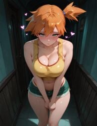 ai_generated anxious bare_shoulders blush booty_shorts busty cleavage cornered embarrassed embarrassed_female exposed_shoulders g-string gym_leader hair_tie half-closed_eyes hallway hearts kasumi_(pokemon) large_breasts legs_together misty_(pokemon) nervous nervous_expression nervous_female nervous_smile orange_hair panties pokemon pushing_breasts_together short_hair short_shorts standing submissive submissive_female tagme tank_top thong tied_hair