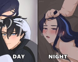 1boy 1girls blue_hair blush clorinde_(genshin_impact) day_vs_night dominant domination female femsub genshin_impact hair_grab hugging implied_sex looking_at_viewer male male/female maledom meme open_mouth pleasure_face sometimes_like_this_also_like_that straight visible_breath wriothesley_(genshin_impact)