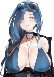 1girl arm_under_breasts bare_shoulders between_breasts black_coat black_gloves blue_choker blue_dress blue_eyes blue_flower blue_hair blue_rose blush breasts choker cleavage clothing_cutout coat coat_on_shoulders collarbone commentary dp-12_(girls'_frontline) dress elbow_gloves evening_gown eyewear_on_head flower girls'_frontline girls'_frontline_2:_exilium gloves hair_over_shoulder halter_dress halterneck helen_(girls'_frontline_2) helen_(starlit_waltz)_(girls'_frontline_2) highres jewelry large_breasts long_hair looking_at_viewer navel_cutout necklace official_alternate_costume parted_bangs rose sidelocks signature simple_background smile solo standing upper_body white_background