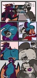 abdominal_bulge ambiguous_gender anal anal_vore anthro arc_system_works butt comic controller digestion dragon duo eclairscollection electronics fin game_controller guilty_gear guilty_gear_strive halo hand_on_belly hand_on_hip hi_res horn leg_ring mammal mythological_creature mythological_scalie mythology nude oral_vore procyonid raccoon scalie sharp_teeth smile soft_vore tail tail_fin teeth television timeline_split toothy_grin vore vore_tattoo weight_gain wings