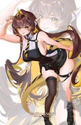 1girl 1girls absurdres ahoge ass asymmetrical_legwear big_breasts black_dress black_necktie black_shoes black_thighhighs blonde_hair blonde_streaks breasts brown_hair collar colored_inner_hair commentary curvy dress eel_girl eel_tail english_commentary eyewear_on_head female fins fish_tail hair_ornament highres indie_virtual_youtuber juna_unagi large_breasts lightning_ahoge long_hair looking_at_viewer multicolored_hair necktie pelvic_curtain shoes sideboob single_thighhigh smile solo star_(symbol) star_hair_ornament streaked_hair striped_clothes striped_necktie sunglasses tail thigh_strap thighhighs thighs tits virtual_youtuber vtuber white_collar yellow_eyes yellow_necktie
