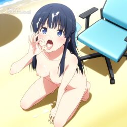 1girl ai_assisted ai_generated anime_screencap awaiting_cum beach black_hair blue_eyes cum_in_hair cum_on_face cum_on_hands fellatio_gesture full_body hair_bow kneeling long_hair naked open_mouth oral_invitation swivel_chair tongue_out view_from_above