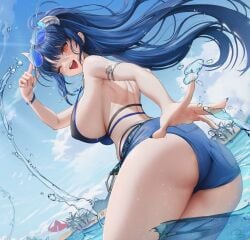 1girl 1girls artist_request ass back beach big_breasts blue_hair blue_nails blue_shorts breasts broken_horn commentary english_commentary female grey_horns horns indie_virtual_youtuber large_breasts long_hair looking_at_viewer looking_back one_eye_closed open_mouth orange_eyes oumiya_emma ponytail shorts sideboob solo sunglasses thighs tits virtual_youtuber vtuber water wet