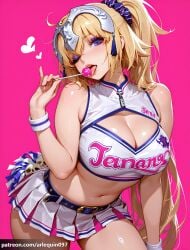 1girl ai_generated alternate_costume alternate_hairstyle arlequin097 bare_shoulders belt blonde_hair blue_eyes blue_scrunchie blush breasts candy cheerleader cleavage cleavage_cutout clothes_writing clothing_cutout crop_top eyeshadow fate/grand_order fate_(series) female female_only food hair_ornament hair_scrunchie headpiece heart holding holding_food holding_lollipop jeanne_d'arc_(fate) large_breasts licking lips lollipop long_hair looking_at_viewer makeup midriff miniskirt navel one_eye_closed open_mouth pink_background pleated_skirt pom_pom_(cheerleading) ponytail scrunchie shiny_skin simple_background skirt solo thighs tongue tongue_out very_long_hair white_skirt wristband zipper_pull_tab