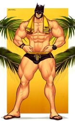 1boy abs areolae artist_name batman batman_(bruce_wayne) batman_(series) buff buff_male cowl dc dc_comics dracowel english english_text flip-flops fortnite fortnite:_battle_royale gay hands_on_hips mask masked_male muscular muscular_male nipples pecs pelvic_line pulling_down_pants scars scars_all_over smile smiling smiling_at_viewer smiling_with_teeth solo solo_focus solo_male speedo standing stubble text thick_thighs towel towel_around_neck watermark wristwatch