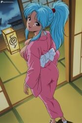 1girl ai_generated ass blue_hair botan breasts digitalwaifugallery hi_res high_quality high_resolution indoors japanese_clothes kimono large_breasts long_hair long_sleeves looking_at_viewer looking_back no_bra obi open_mouth patreon pink_kimono ponytail purple_eyes sandals sash seductive sexy smile solo standing tabi tatami uncensored watermark yu_yu_hakusho