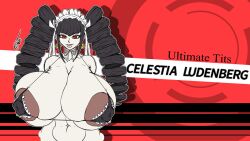 1girls bikini bikini_top black_hair celestia_ludenberg danganronpa danganronpa:_trigger_happy_havoc dark_areola goth gothic gothic_girl gothic_lolita huge_breasts hyper_breasts lipstick lolita_fashion morethanthat mostly_nude nipple_bulge red_eyes twintails