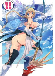 ass blonde_hair blue_eyes boots braid breasts copyright_request gauntlets helm helmet highres large_breasts legs long_legs penguin_caee polearm pussy sideboob single_braid thigh_boots thighhighs thighs uncensored wardrobe_malfunction weapon