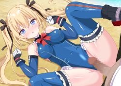 1boy 1girl bare_shoulders beach black_bow black_ribbon black_shoes blonde_hair blue_eyes blue_leotard blue_thighhighs blush bow bowtie breasts censored clenched_hands commentary_request commission day dead_or_alive dutch_angle erection feet_out_of_frame frilled_leotard frilled_thighhighs frills furrowed_brow gloves groin hair_between_eyes hair_bow hair_ornament hair_ribbon hair_spread_out hands_up hetero highleg highleg_leotard highres hiiragisensei imminent_penetration imminent_vaginal impossible_clothes impossible_leotard leotard long_hair looking_at_viewer lying m_legs marie_rose marie_rose_(devilish_servant_against_the_splashing_waves) medium_breasts missionary mosaic_censoring multicolored_gloves nose_blush on_back open_mouth outdoors penis red_bow red_bowtie ribbon shoes sidelocks skeb_commission solo_focus spread_legs thighhighs thighs twintails variant_set very_long_hair w_arms x_hair_ornament