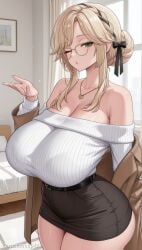 1girl ade_(maid_in_spring)_(nikke) ade_(nikke) ai_generated bangs bare_shoulders bed belt black_skirt blonde_hair braid breasts brown_coat cleavage coat collarbone glasses goddess_of_victory:_nikke green_eyes hair_bun hair_ribbon hairband huge_breasts indoors jewelry long_hair long_sleeves looking_at_viewer necklace nikke off-shoulder_sweater off_shoulder one_eye_closed open_coat sidelocks single_hair_bun skirt solo sweater thighs window