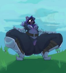 1girl 1girls bottom_pov bottom_view crouching dark_fur fat_ass fortnite giblewds hexxergooned hood hood_up large_ass perky_breasts purple_fur pussy raven_team_leader showing_off showing_pussy solo solo_female solo_focus suit