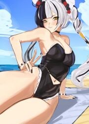 1girl beach dialyn_(zenless_zone_zero) long_hair one-piece_swimsuit two-tone_hair zenless_zone_zero