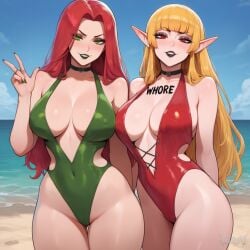 2girls ai_generated big_breasts bikini black_lipstick blonde_hair blush choker elf elf_ears green_bikini green_eyes green_lipstick green_nails julsyai long_hair nipples_visible_through_clothing original_character peace_sign poison_ivy red_bikini red_eyes red_hair seductive seductive_eyes seductive_look seductive_smile slutty_female smooth_legs smooth_skin standing tattoo v-sign whore whores