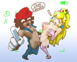 1boy 1girls artist_self-insert blonde_hair blush breasts camera camera_view crown female frontal_standing_penetration grabbing_own_breast human interracial looking_at_viewer male male/female mario_(cosplay) mario_(series) minus8 minus8_(character) nintendo princess_peach sex standing_missionary standing_sex straight straight_hair super_mario_bros. thighhighs uncensored vaginal_penetration