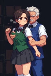age_difference ai-generated annoyed annoyed_expression arched_back braid breast_grab breast_squeeze breasts brown_hair clothed clothes dim_lighting fully_clothed green_vest groping groping_breasts groping_from_behind highres janitor legwear male mole mole_under_eye old_male old_man older_male original original_character perchance_ai pixel_art pleated_skirt school_uniform schoolgirl_uniform shirt side_view skirt small_breasts socks tied_hair twin_braids vest visible_breath white_legwear white_shirt white_socks yellow_eyes