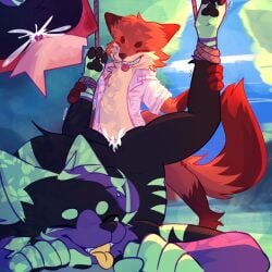 1:1 absurd_res anthro bodily_fluids canid canine canis clothing cum cum_inside disney domestic_dog duo eyes_closed fox fur genital_fluids green_body green_fur hi_res knotting male male/male mammal mrfalco nick_wilde odie_(itsbixby) orange_body orange_fur pink_clothing pink_shirt pink_topwear purple_body purple_fur questionable_consent rope shirt tongue tongue_out topwear zootopia