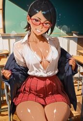 ai_generated bra cleavage glasses gyaru naruto_(series) open_clothes sarada_uchiha school school_uniform schoolgirl solveigai tan_body tan_skin