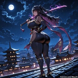 1girl ai_assisted ai_generated ass black_hair bodysuit breasts building cityscape cloud curvaceous curvy curvy_female curvy_figure female fire_emblem fishnets full_moon gloves large_breasts long_hair looking_at_viewer looking_back miyuai moon night night_sky ninja rooftop sandals short_sword sky solo star_(sky) starry_sky sword tharja_(fire_emblem) thick thick_ass thick_butt thick_hips thick_legs thick_thighs voluptuous voluptuous_female weapon wide_hips wide_thighs