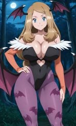 ai_generated bat_wings big_sister bridal_gauntlets brown_hair cosplay covered_navel darkstalkers forest honey_hair large_breasts leotard long_hair mature_female moon morrigan_aensland morrigan_aensland_(cosplay) naughty_face night onee-chan pantyhose pixai pokemon pokemon_xy seductive seductive_smile serena_(pokemon) serena_(pokemon_games) silf smile tagme wings woods