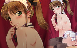 1girls apron ass back blush breasts brown_hair green_eyes highres kiriyama_taichi large_breasts long_hair looking_back maid maid_in_heaven nagisa nagisa_(maid_in_heaven) naked_apron ponytail ribs sitting smile solo spread_legs thighhighs tied_hair topless twintails wallpaper