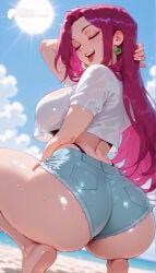 1girl 1girls absurd_res absurdres ai_generated arm_behind_head ass ass_focus barefoot beach big_ass big_breasts bikini bikini_under_clothes black_bikini black_bra blue_shorts blue_sky blurred_background blurry_background blush breasts cartoon cartoony closed_eyes cloud crop_top crop_top_overhang cropped_shirt cutoffs day denim denim_shorts depth_of_field earrings feet female female_focus from_behind hi_res high_quality high_resolution highleg highres huge_ass jessie_(pokemon) jewelry large_ass large_breasts long_hair looking_back midriff ocean odexai open_mouth outdoors pink_hair pokemon purple_hair red_hair see-through_shirt shiny_skin shirt short_shorts short_sleeves shorts sky small_waist smile solo solo_focus squatting straight sun swimsuit team_rocket teeth thick_thighs thighs thin_waist thong toes tongue tongue_out underwear upper_teeth_only water wet wet_clothes wet_shirt white_shirt wide_hips