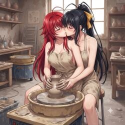 2girls ai_generated akeno_himejima apron big_ass big_breasts blush clay closed_eyes curvy_female female_only girlfriends girls_love high_school_dxd kissing lesbian lesbian_couple lesbian_kiss lesbian_lovers lesbians lesbians_kissing naked_apron potters_wheel pottery rias_gremory rias_x_akeno sitting thick_thighs voluptuous_female wide_hips wife_and_wife yuri