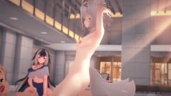 3girls animal_ears bangs black_hair blue_eyes blurry blush breasts cowgirl_position depth_of_field filian_(vtuber) hair_ornament hairband horse_tail indie_virtual_youtuber long_hair looking_at_viewer multiple_girls navel nipples nude purple_eyes riding sex short_hair shylily silver_hair small_breasts squchan_(vtuber) tagme tail video virtual_youtuber vyugen