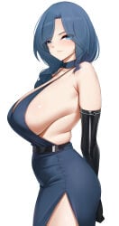 1girl absurdres bare_shoulders black_gloves blue_choker blue_dress blue_eyes blue_hair braid breasts casperrin choker commentary detached_sleeves dp-12_(girls'_frontline) dress elbow_gloves from_side girls'_frontline girls'_frontline_2:_exilium gloves hair_over_shoulder helen_(girls'_frontline_2) helen_(starlit_waltz)_(girls'_frontline_2) highres huge_breasts looking_at_viewer parted_bangs side_slit sideboob single_braid solo white_background