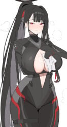 1girl black_hair blue_archive blunt_bangs blush bodysuit breasts cleavage commentary female female_only furon00 halo headgear highres holding holding_towel large_breasts long_hair looking_at_viewer navel parted_lips ponytail red_eyes rio_(armed)_(blue_archive) rio_(blue_archive) simple_background solo sweat towel very_long_hair white_background