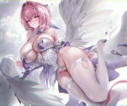 1girl absurdres bare_shoulders big_breasts blush breasts commentary daefny highres large_breasts looking_at_viewer panties parted_lips pink_hair purple_eyes remielle_dan short_hair smile solo thick_thighs thighhighs thighs underwear white_panties white_thighhighs white_wings wide_hips wings zenless_zone_zero